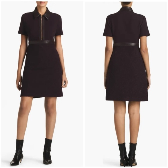 New St John Collection Mixed Media Shirt Dress Tweed Leather Quiet Luxury Sz 8 - Picture 1 of 15